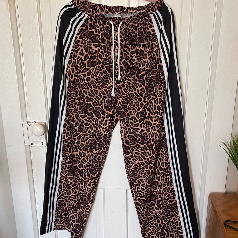 Amazon Leopard Print Track Pants with Black Stripes